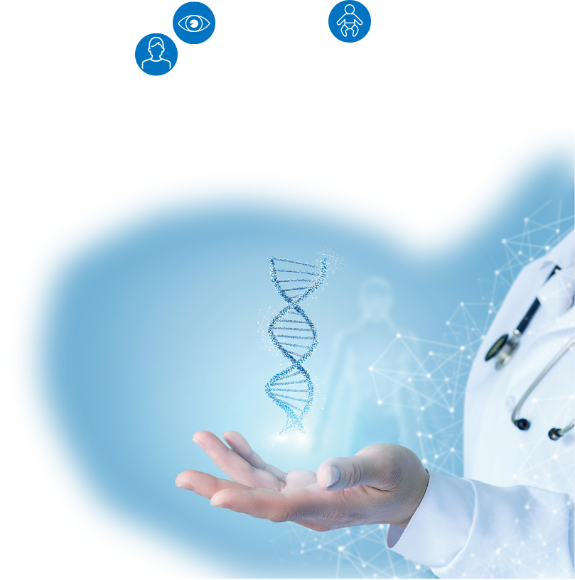 eye cystinosis pie chart and doctor with dna helix above hand